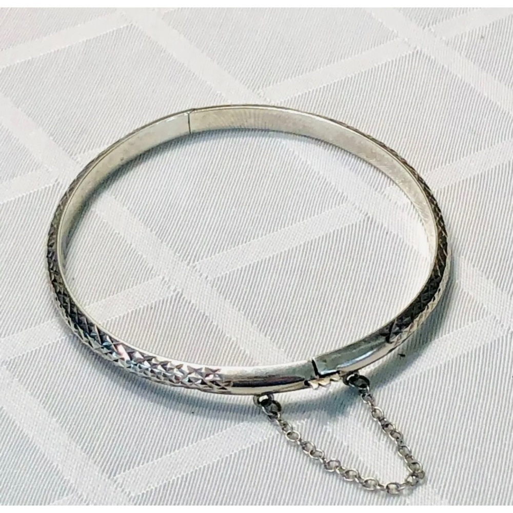 VTG Sterling 5mm Diamond-cut 7" Hinge Bangle Bracelet - 5g with Safety Chain 925 - Picture 6 of 11